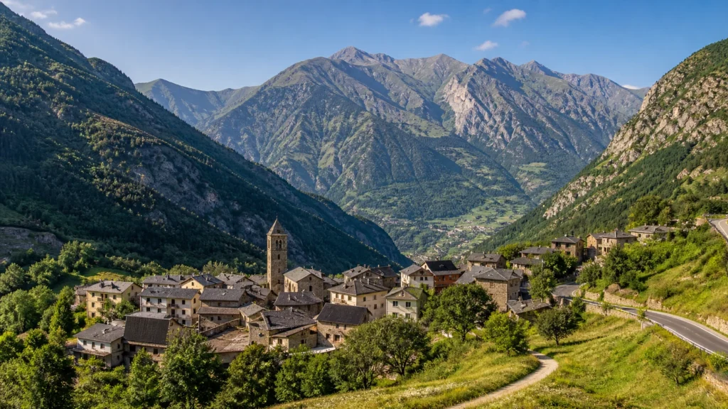 Aldeia de montanha num vale verde dos Pirenéus em Andorra