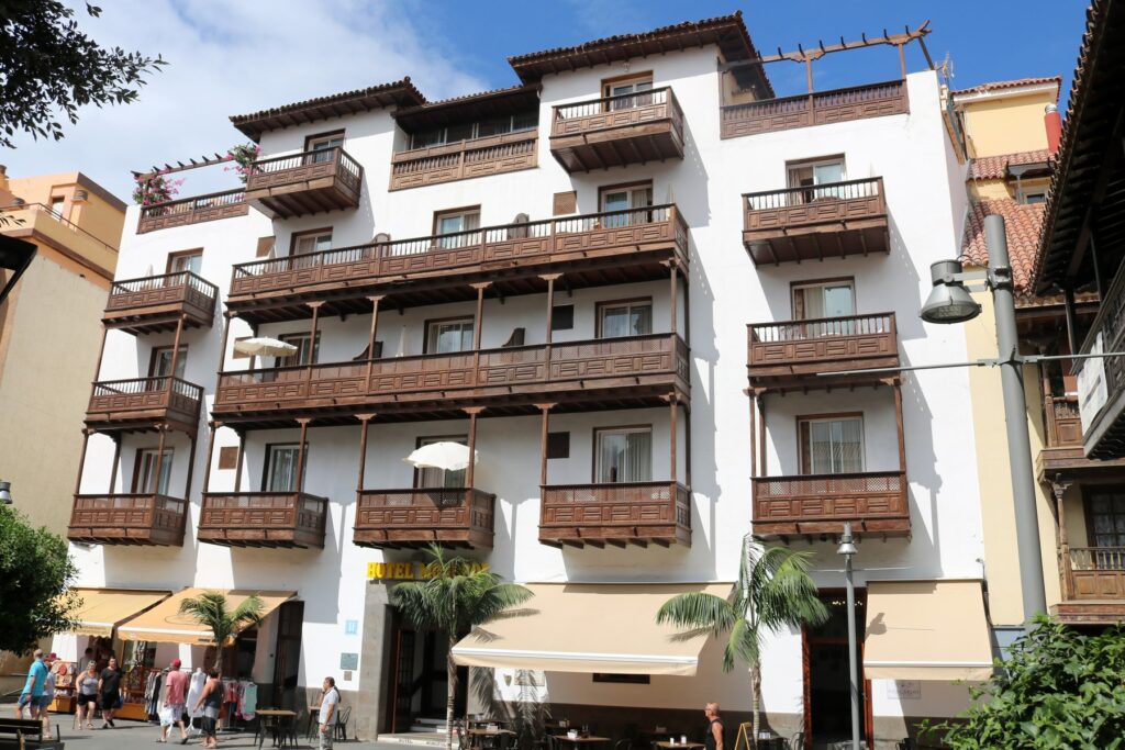 Hotel Monopol façade beside Plaza de la Iglesia in Puerto de la Cruz