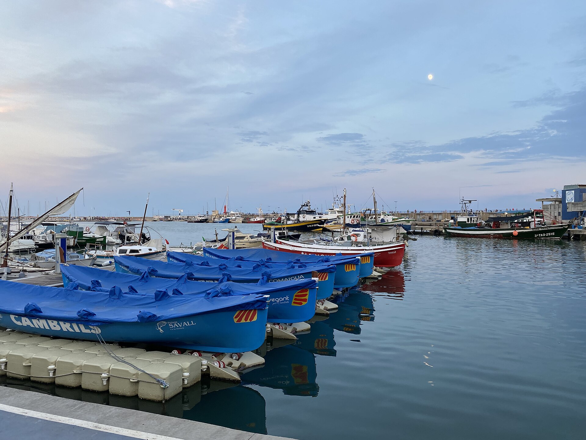 Small blue boats lined up in Cambrils harbour